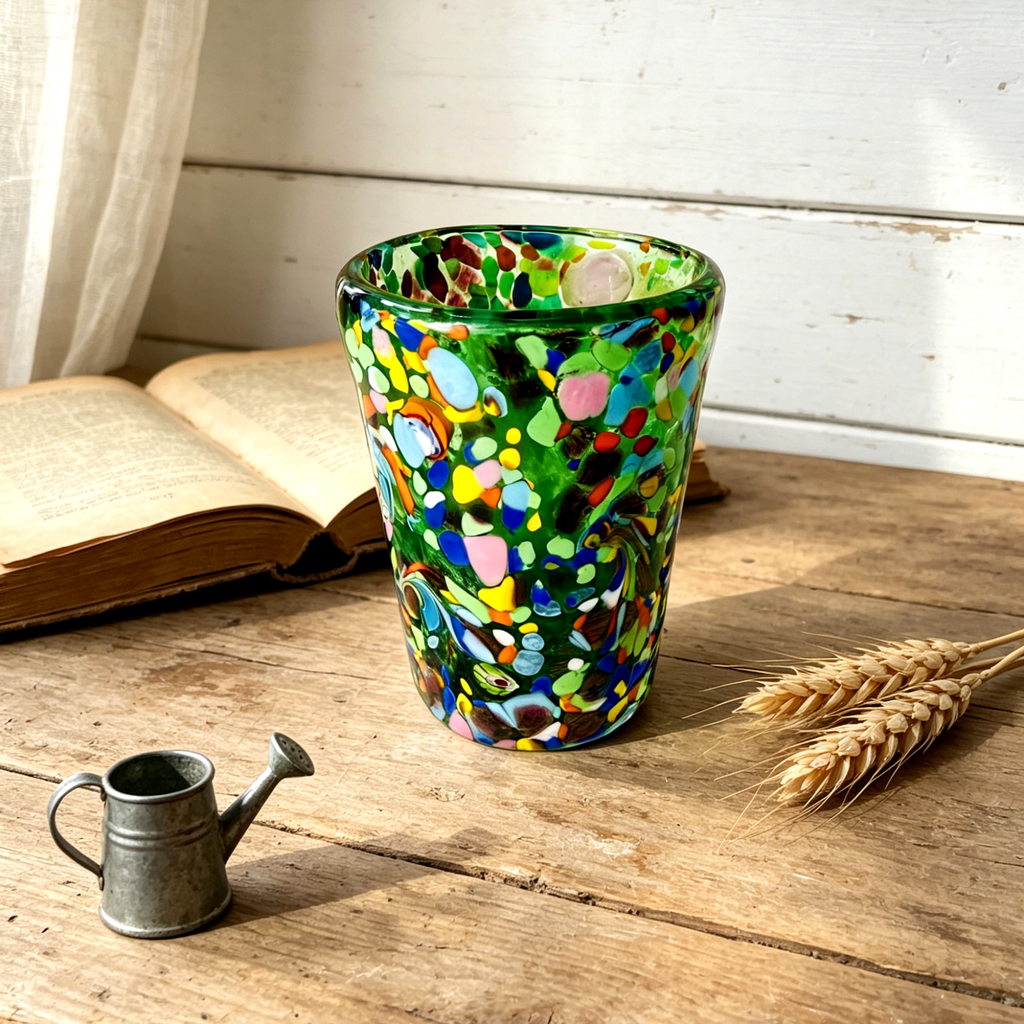Murano Style Multicolor Art Glass Tumbler, Green Decorative Drinking Glass