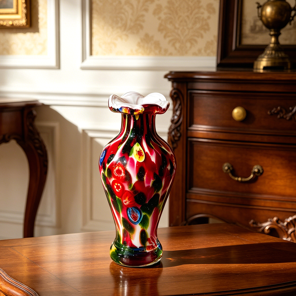 Vintage Murano Style Millefiori Glass Vase, 8-Inch Colorful Art Glass Flower Vase, Retro Handcrafted Look Home Decor