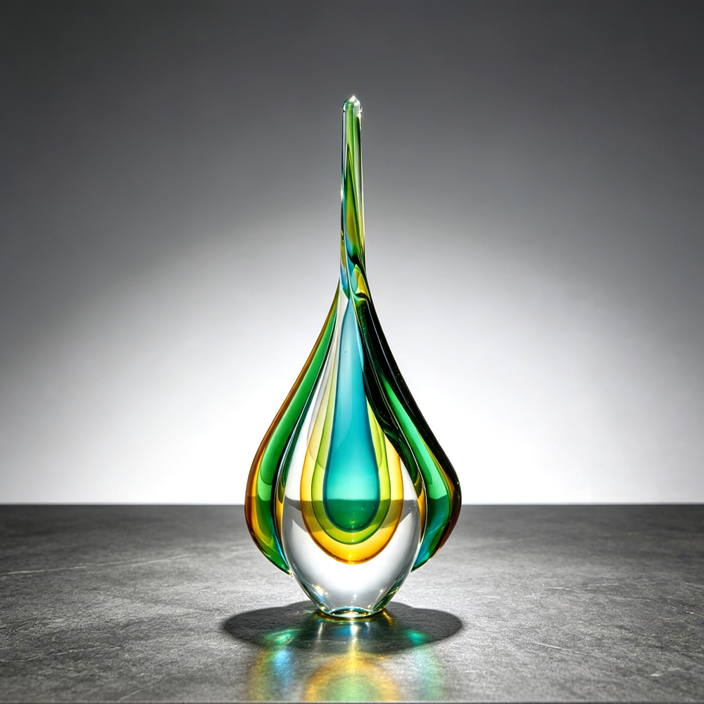 Handmade Sommerso Teardrop Glass Sculpture 13" | Twist Edge Refractive Table Decor Gift