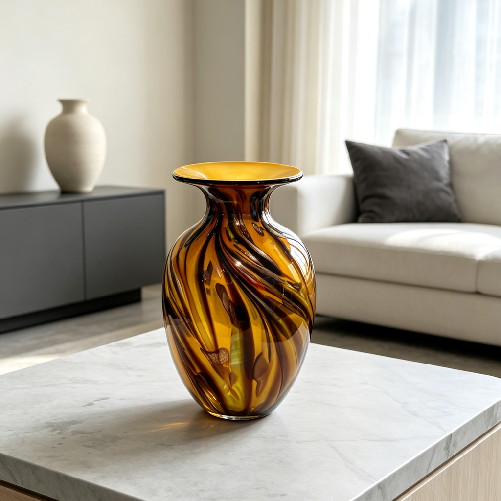 Vintage Murano Style Amber Art Glass Vase