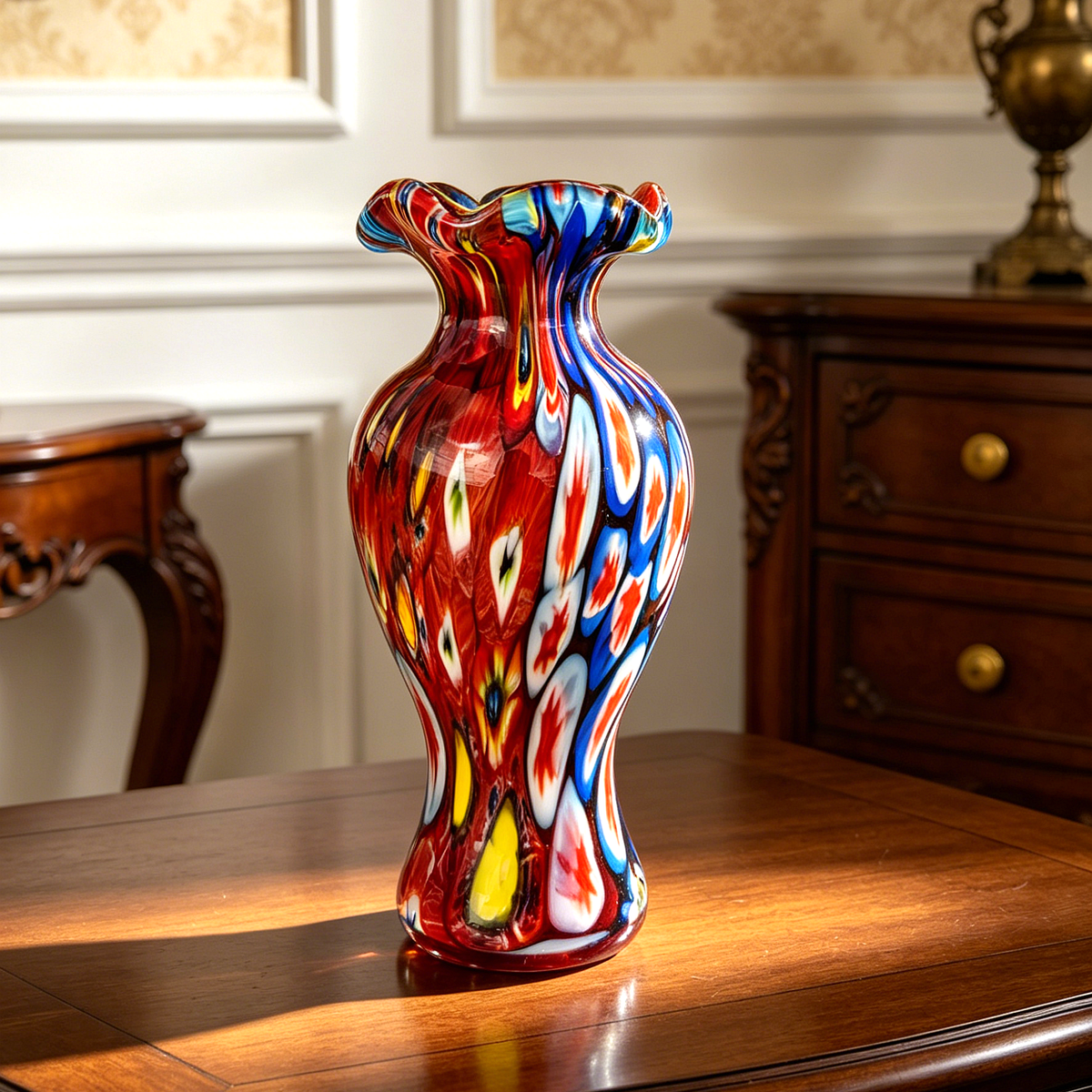 Vintage Murano Style Millefiori Glass Vase, Multicolor Art Glass Bud Vase, 20cm Decorative Statement Piece