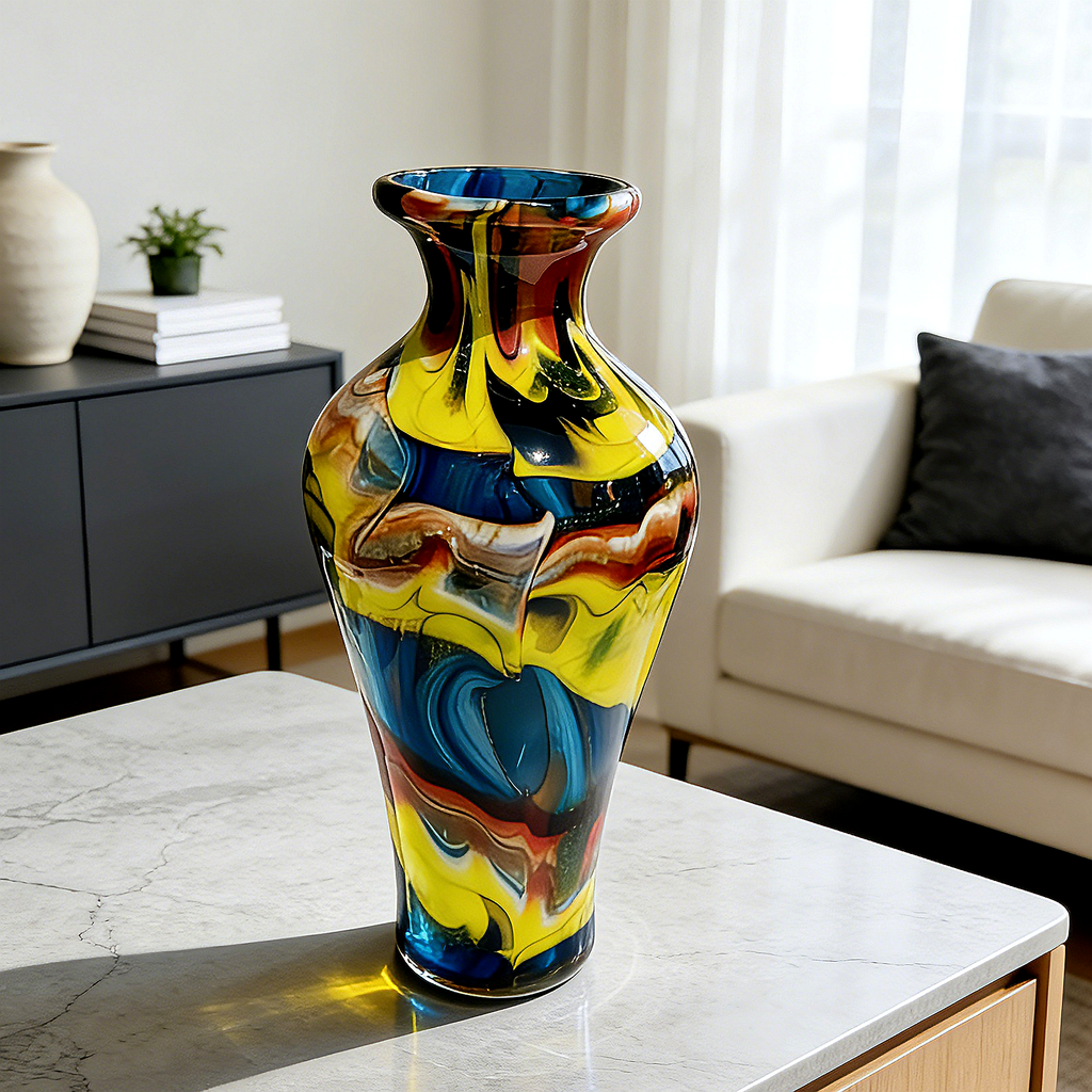 Murano Style Multicolor Art Glass Vase, Blue Yellow Red Swirl Decorative Vase