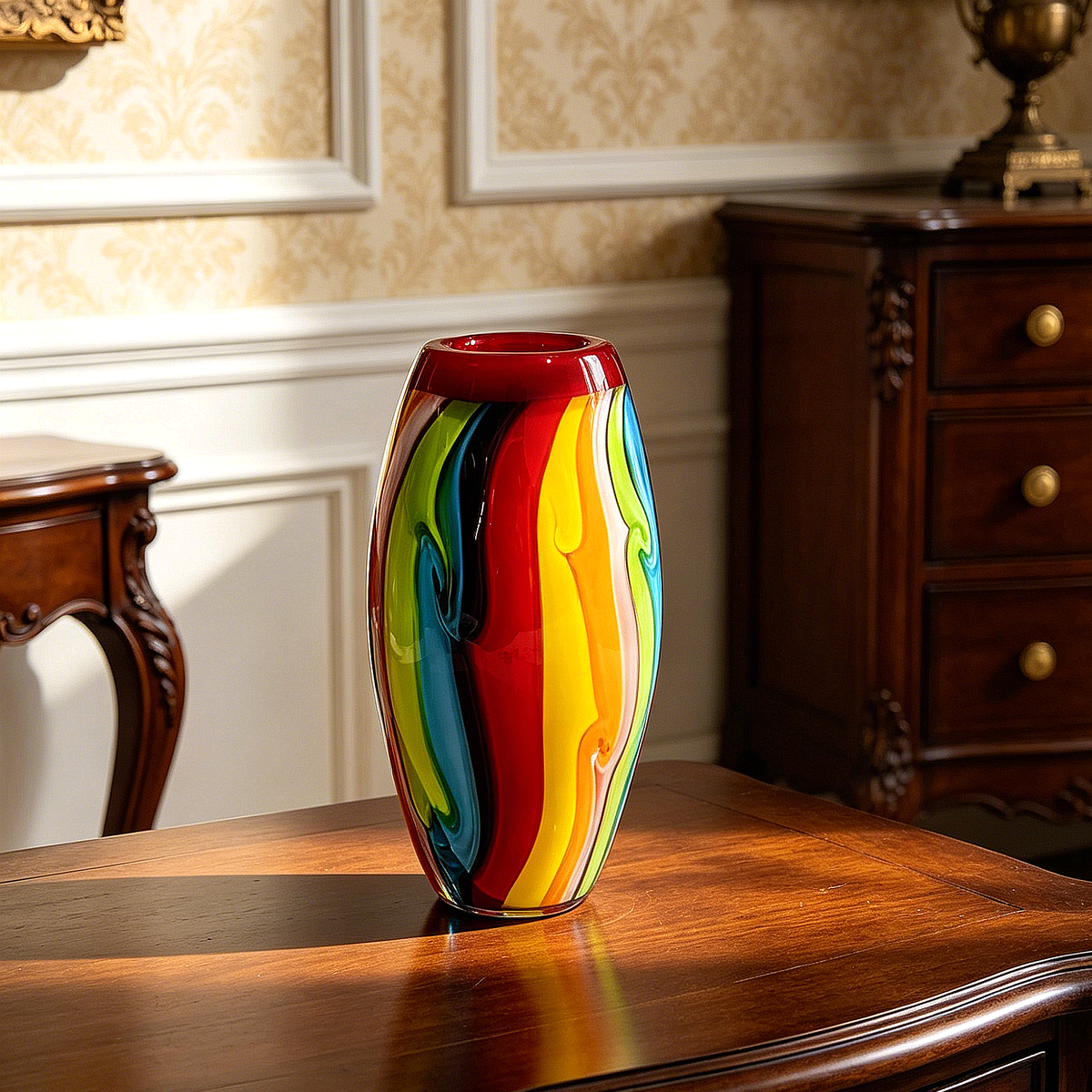 Hand Blown Murano Style Double Layer Rainbow Glass Vase 7 Inch, Red Interior Colorful Swirl Art Glass, Unique Small Table Decor Gift