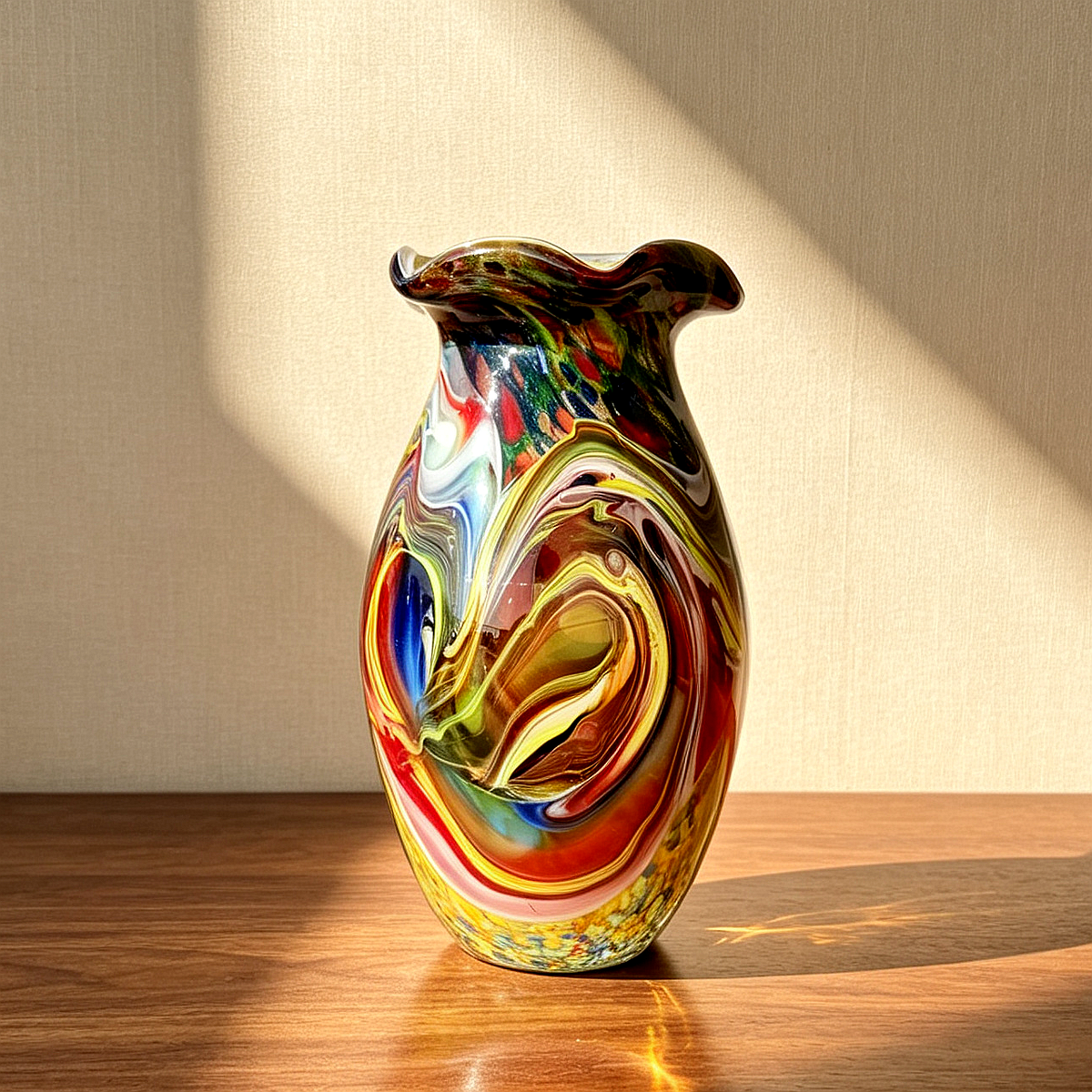 Hand-Blown Vintage Multicolor Art Glass Vase – Swirl Pattern, Ruffled Rim, One-of-a-Kind Retro Decor