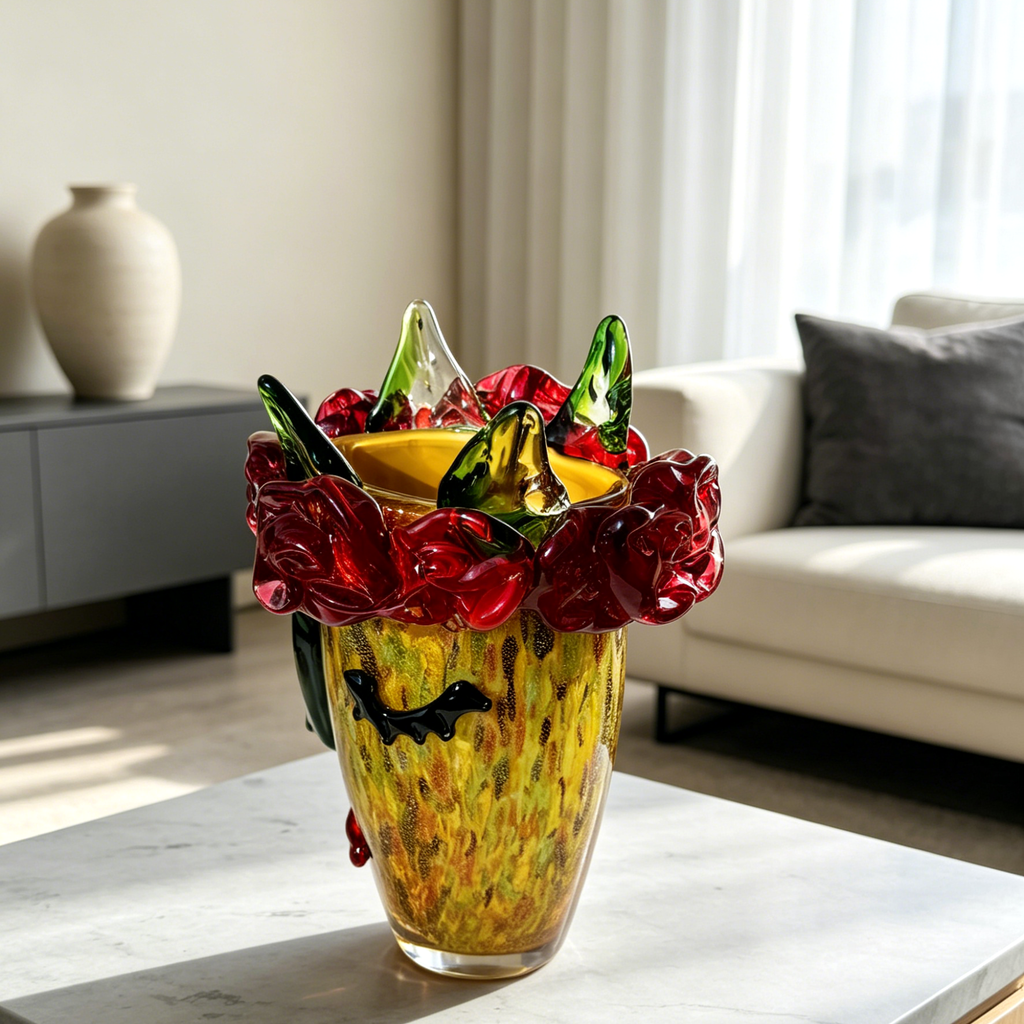 Murano Style Art Glass Face Vase with Red Roses, Silver Foil Finish & Colorful Sculptural Details