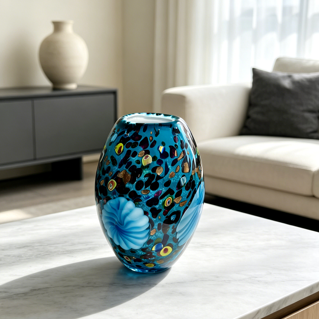 Blue Millefiori Art Glass Vase with Sculptural Floral Accent, 9.8-Inch