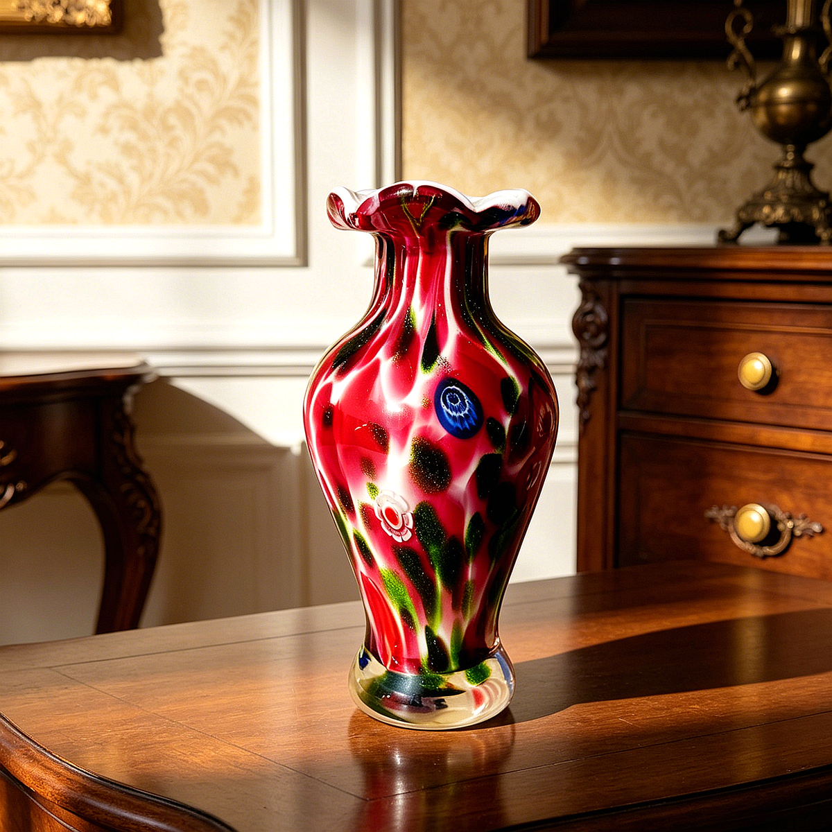Vintage Murano Style Millefiori Glass Vase, 8-Inch Colorful Art Glass Flower Vase, Retro Handcrafted Look Home Decor