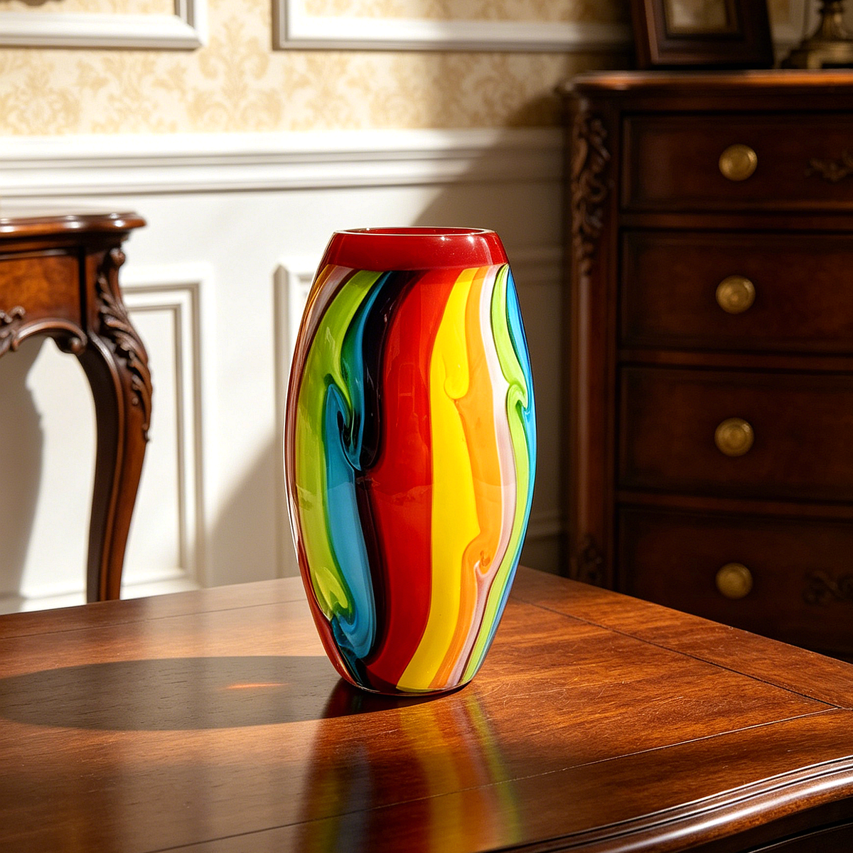 Hand Blown Murano Style Double Layer Rainbow Glass Vase 7 Inch, Red Interior Colorful Swirl Art Glass, Unique Small Table Decor Gift