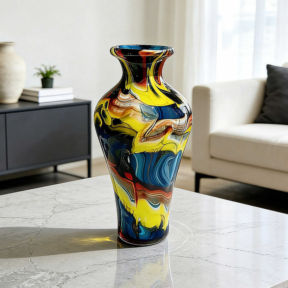 Murano Style Multicolor Art Glass Vase, Blue Yellow Red Swirl Decorative Vase