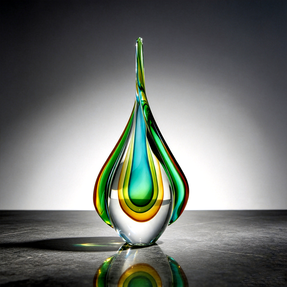Handmade Sommerso Teardrop Glass Sculpture 13" | Twist Edge Refractive Table Decor Gift