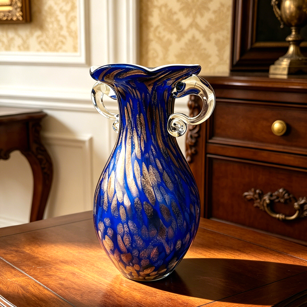 Vintage Murano Style Cobalt Blue Art Glass Vase with Gold Flecks & Clear Glass Handles, Decorative Statement Vase