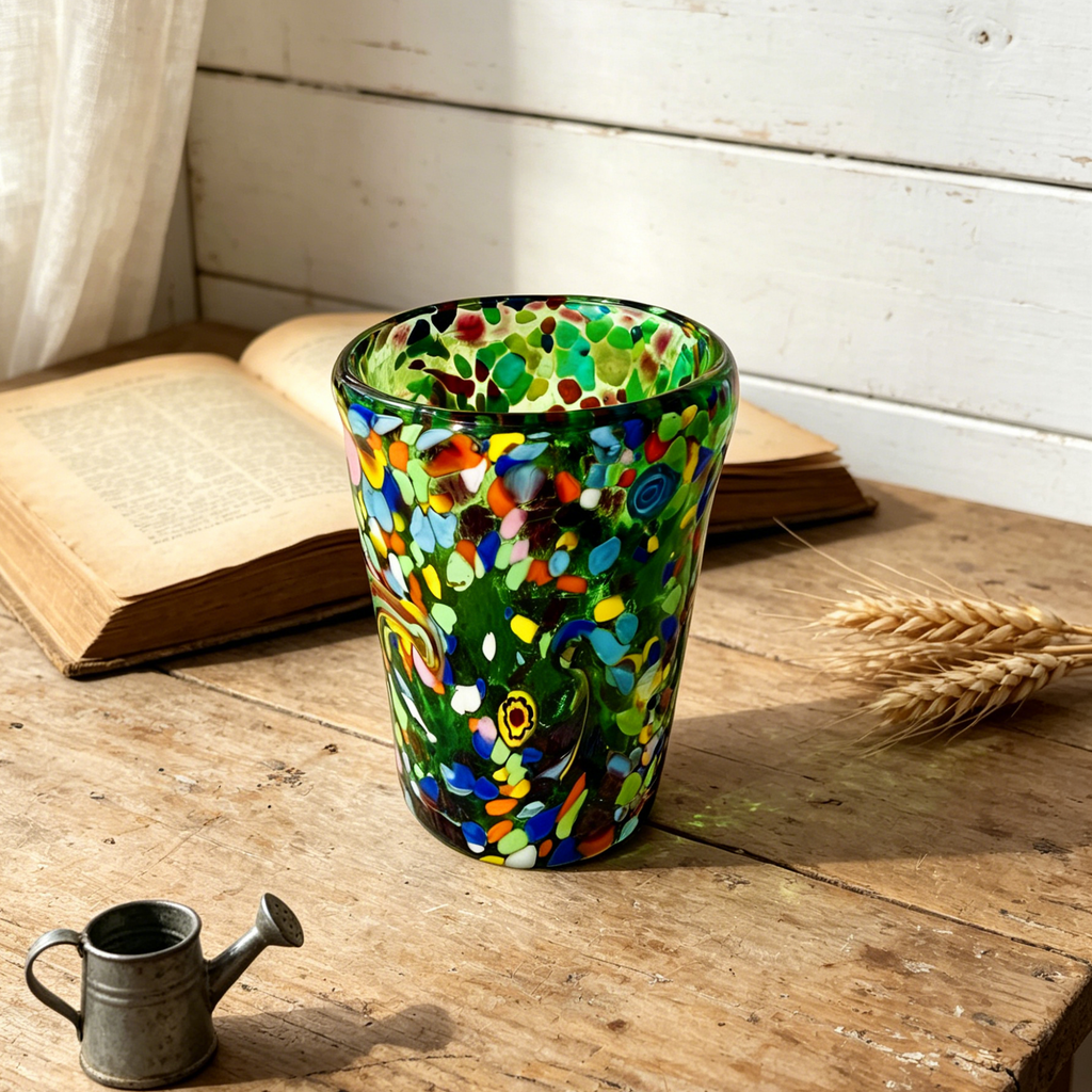 Murano Style Multicolor Art Glass Tumbler, Green Decorative Drinking Glass