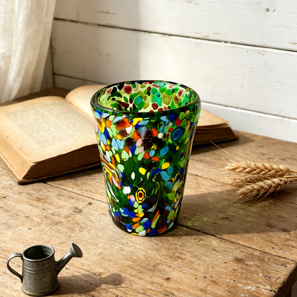Murano Style Multicolor Art Glass Tumbler, Green Decorative Drinking Glass