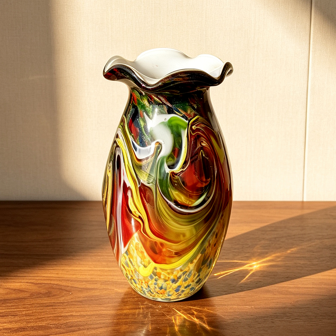 Hand-Blown Vintage Multicolor Art Glass Vase – Swirl Pattern, Ruffled Rim, One-of-a-Kind Retro Decor