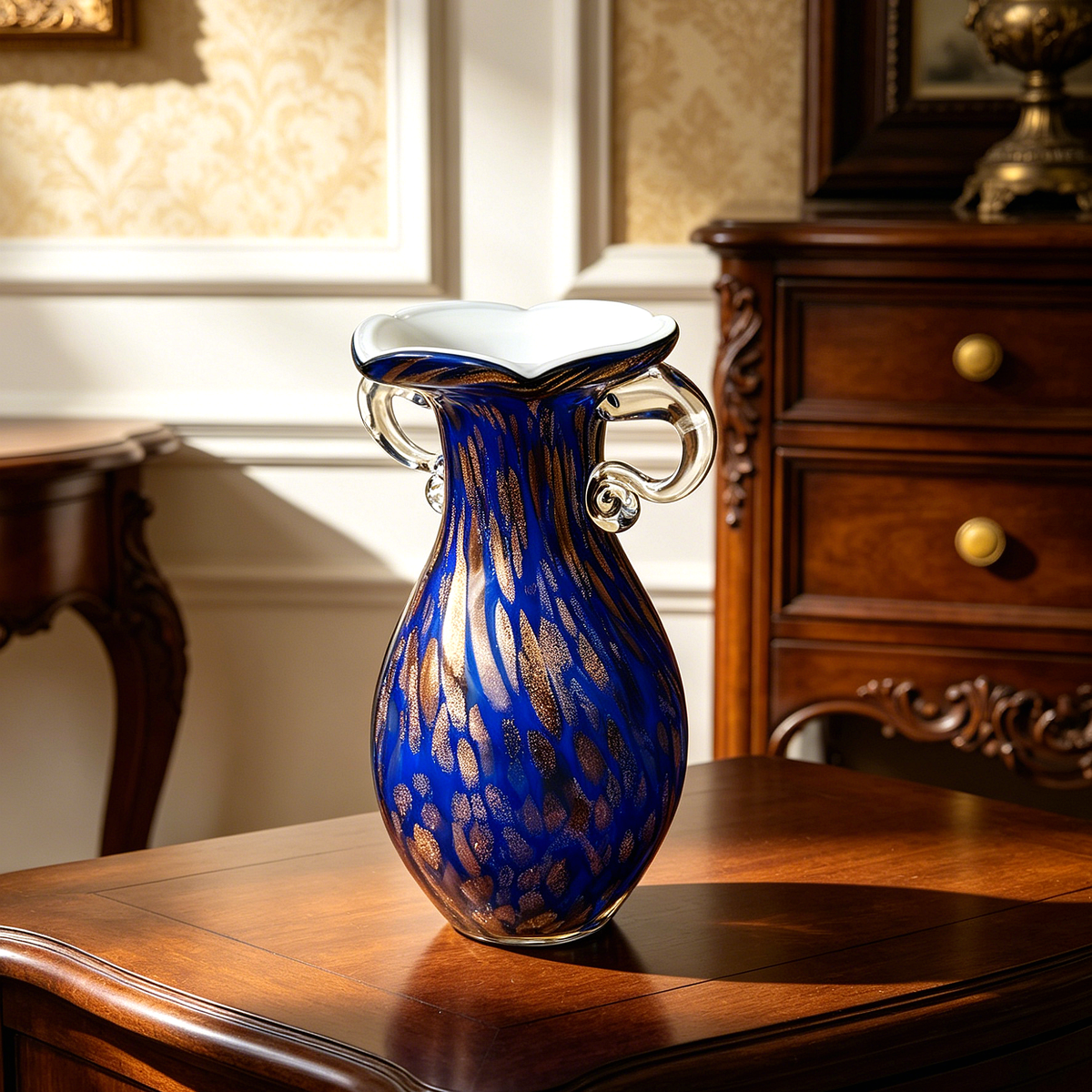 Vintage Murano Style Cobalt Blue Art Glass Vase with Gold Flecks & Clear Glass Handles, Decorative Statement Vase