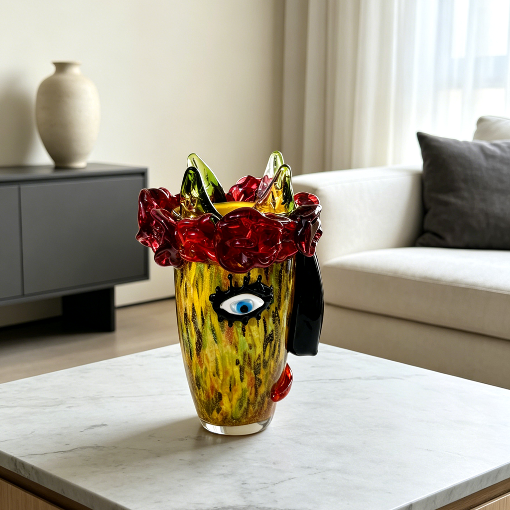 Murano Style Art Glass Face Vase with Red Roses, Silver Foil Finish & Colorful Sculptural Details
