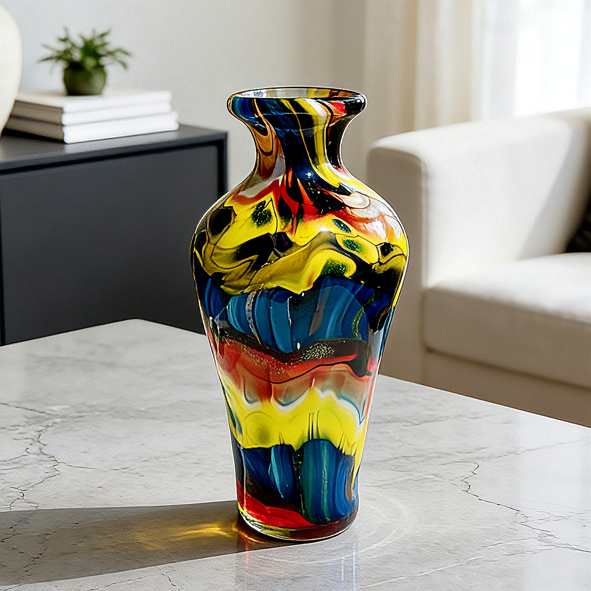 Murano Style Multicolor Art Glass Vase, Blue Yellow Red Swirl Decorative Vase