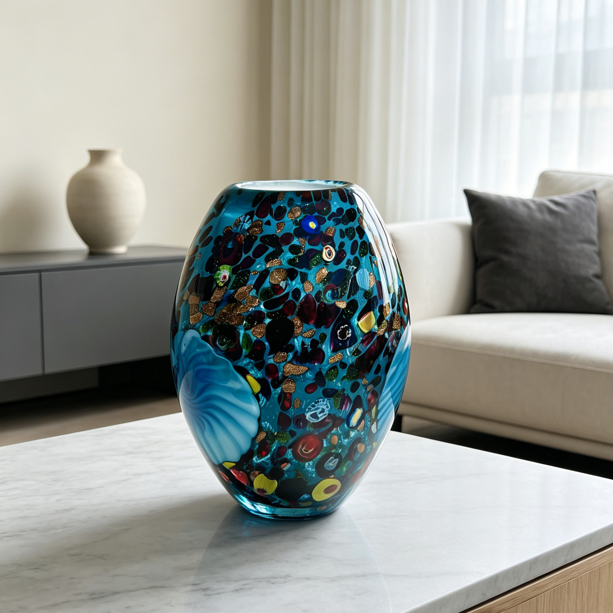 Blue Millefiori Art Glass Vase with Sculptural Floral Accent, 9.8-Inch