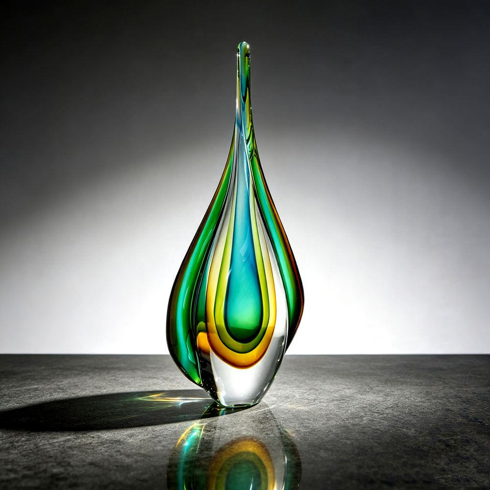 Handmade Sommerso Teardrop Glass Sculpture 13" | Twist Edge Refractive Table Decor Gift