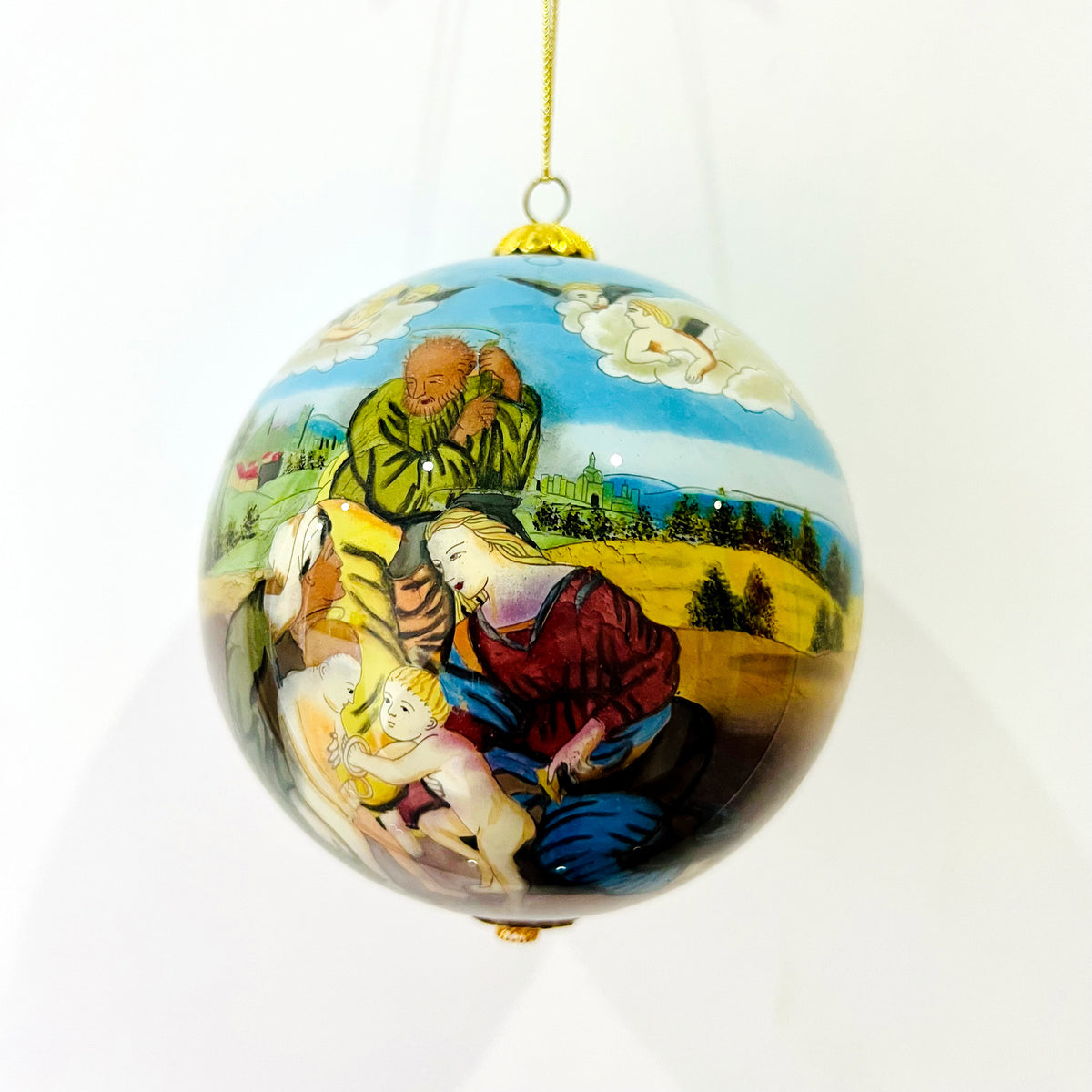 Vintage 1970s Hand-Painted Glass Hanging Ornament – 4-Inch Reverse-Painted Art Glass Ball, Heavenly Figures & Pastoral Landscape, Collectible European-Style Decor