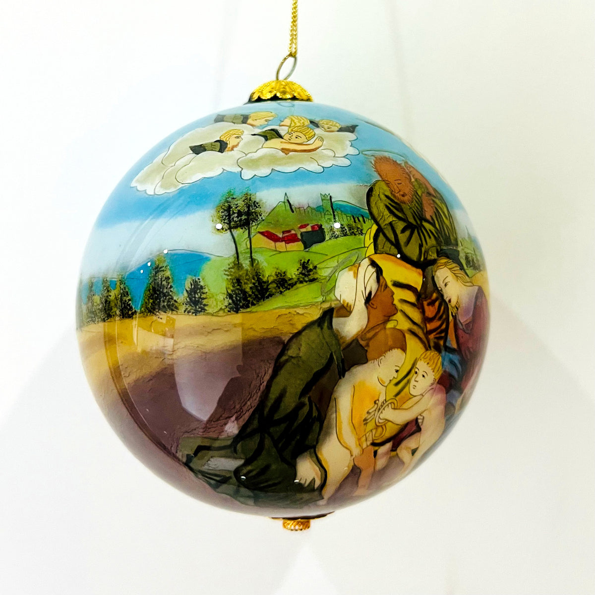Vintage 1970s Hand-Painted Glass Hanging Ornament – 4-Inch Reverse-Painted Art Glass Ball, Heavenly Figures & Pastoral Landscape, Collectible European-Style Decor