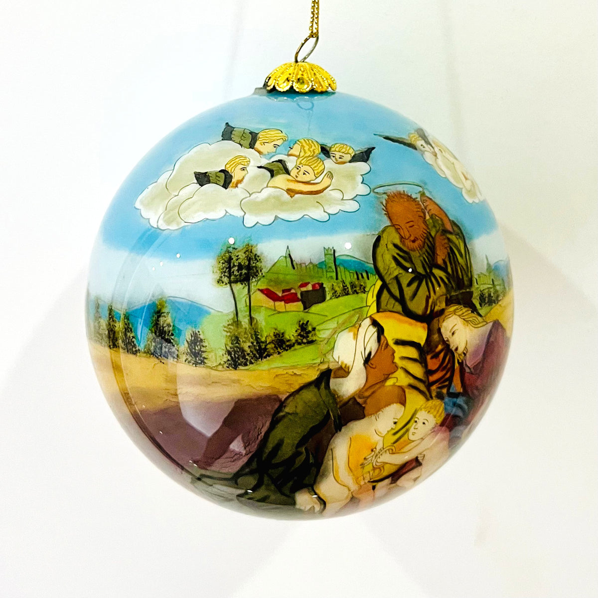 Vintage 1970s Hand-Painted Glass Hanging Ornament – 4-Inch Reverse-Painted Art Glass Ball, Heavenly Figures & Pastoral Landscape, Collectible European-Style Decor