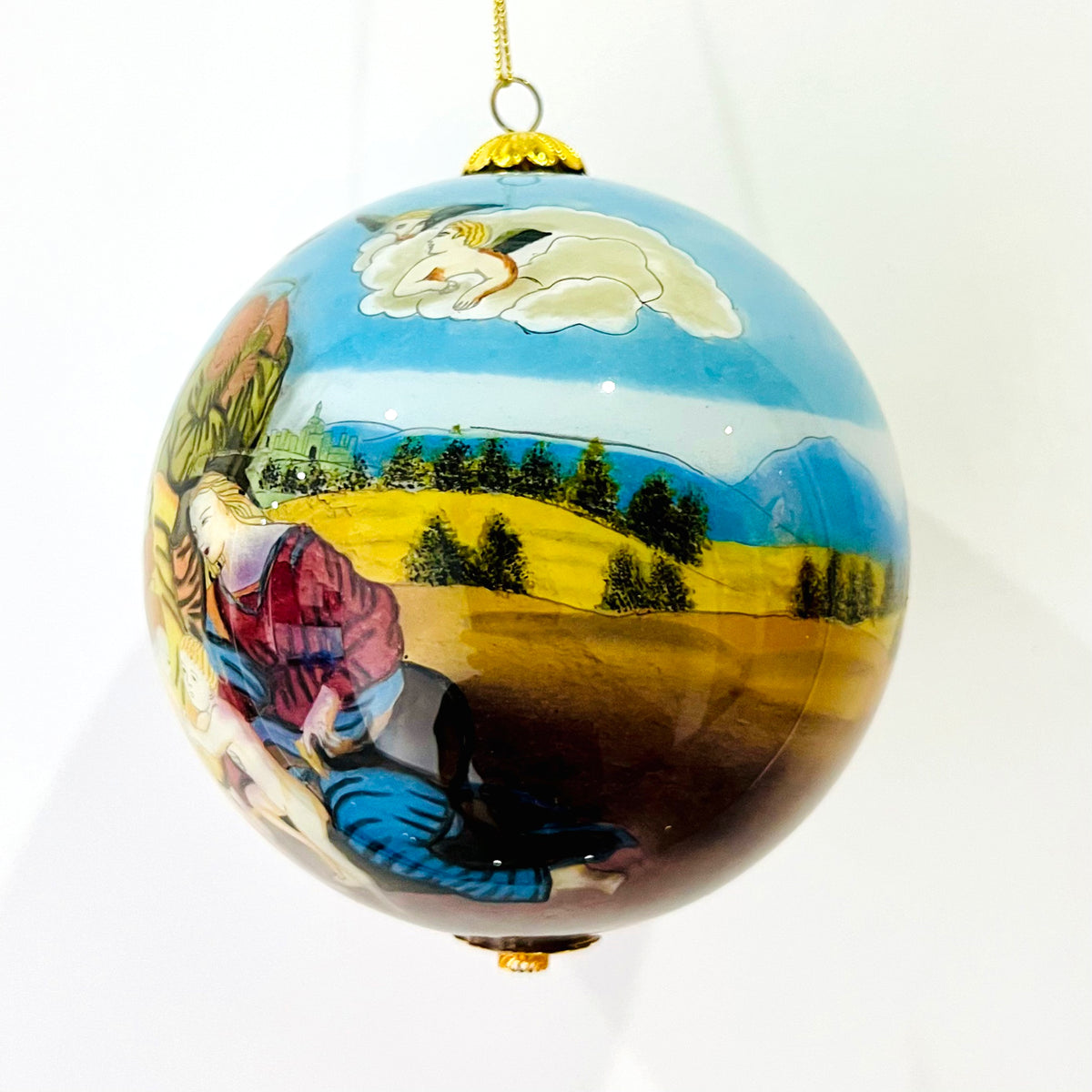 Vintage 1970s Hand-Painted Glass Hanging Ornament – 4-Inch Reverse-Painted Art Glass Ball, Heavenly Figures & Pastoral Landscape, Collectible European-Style Decor