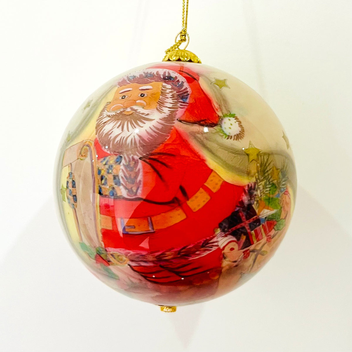 Vintage 4" Reverse Painted Glass Christmas Ornament, Classic Santa Claus with Naughty Nice List Inside Painted Bauble, Gold Star Holiday Decor with Velvet Gift Box