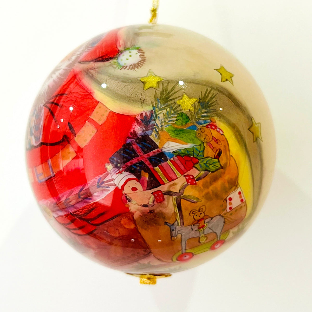 Vintage 4" Reverse Painted Glass Christmas Ornament, Classic Santa Claus with Naughty Nice List Inside Painted Bauble, Gold Star Holiday Decor with Velvet Gift Box