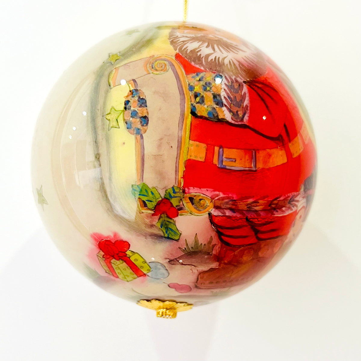 Vintage 4" Reverse Painted Glass Christmas Ornament, Classic Santa Claus with Naughty Nice List Inside Painted Bauble, Gold Star Holiday Decor with Velvet Gift Box
