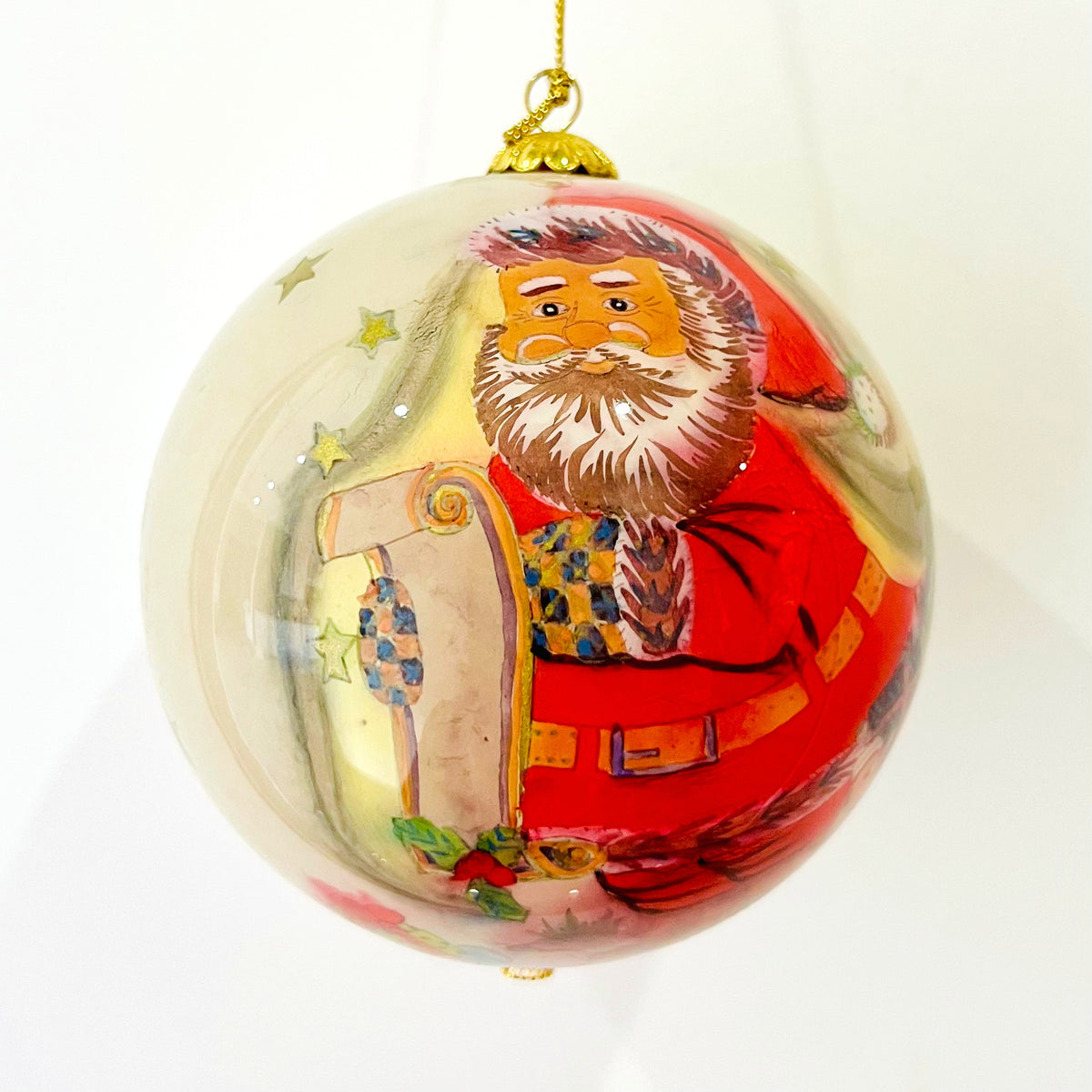 Vintage 4" Reverse Painted Glass Christmas Ornament, Classic Santa Claus with Naughty Nice List Inside Painted Bauble, Gold Star Holiday Decor with Velvet Gift Box